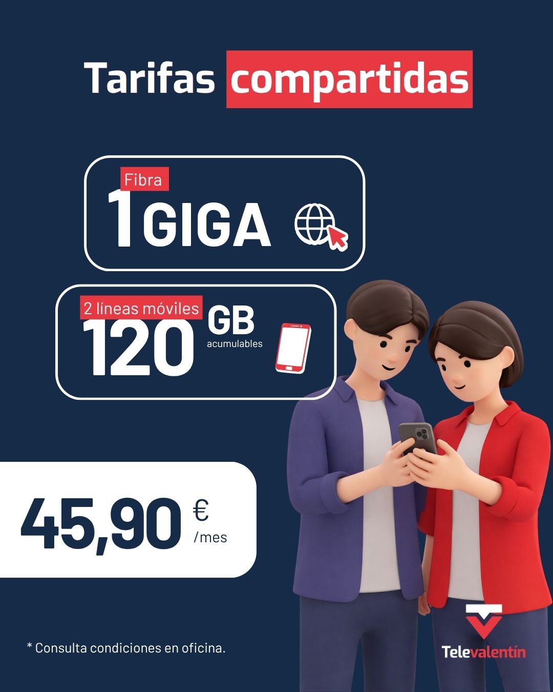 Fibra 1 GB + 2 lineas moviles 120 GB
