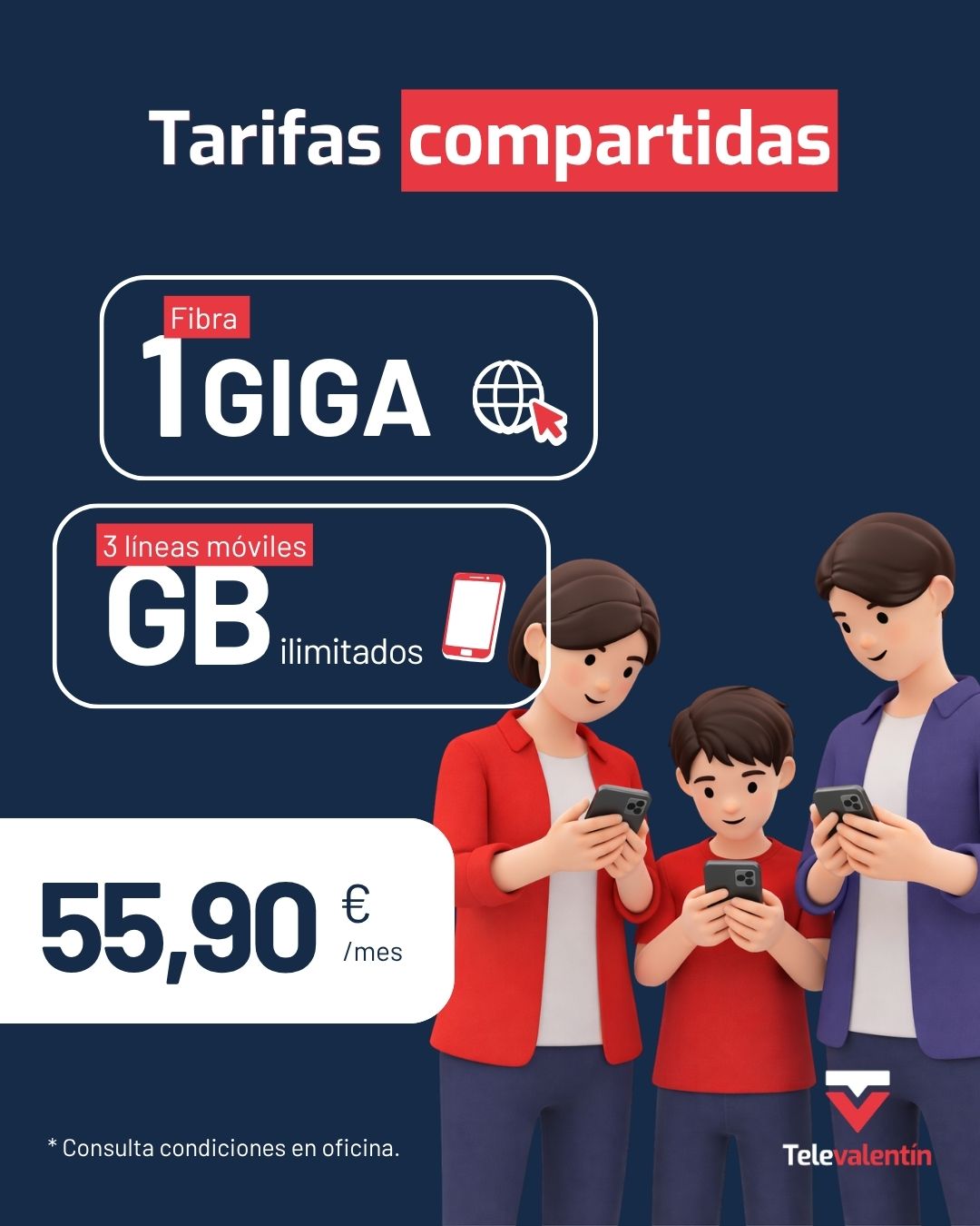 Fibra 1 GB + 3 lineas moviles ilimitadas