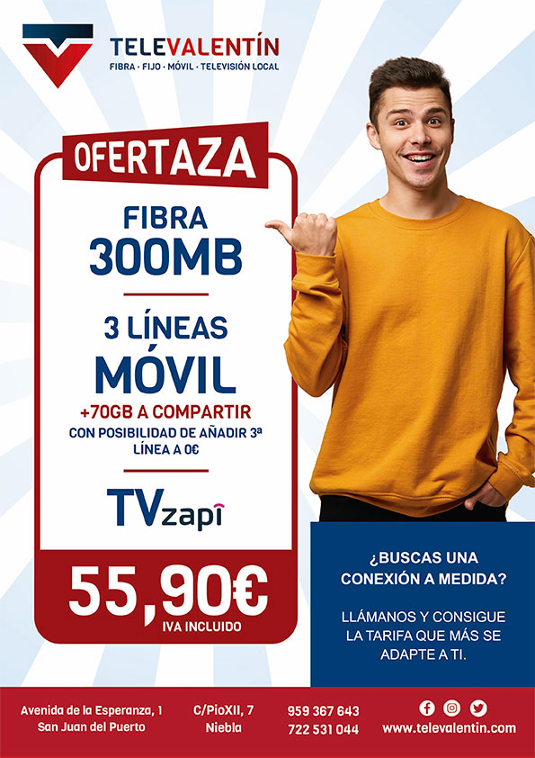 Fibra 300 + 2 lineas movil con 70 GB + Zapi TV